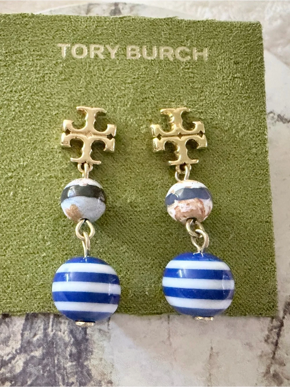 Tory Burch Gold Logo Drop Earrings with Blue and White Striped Beads